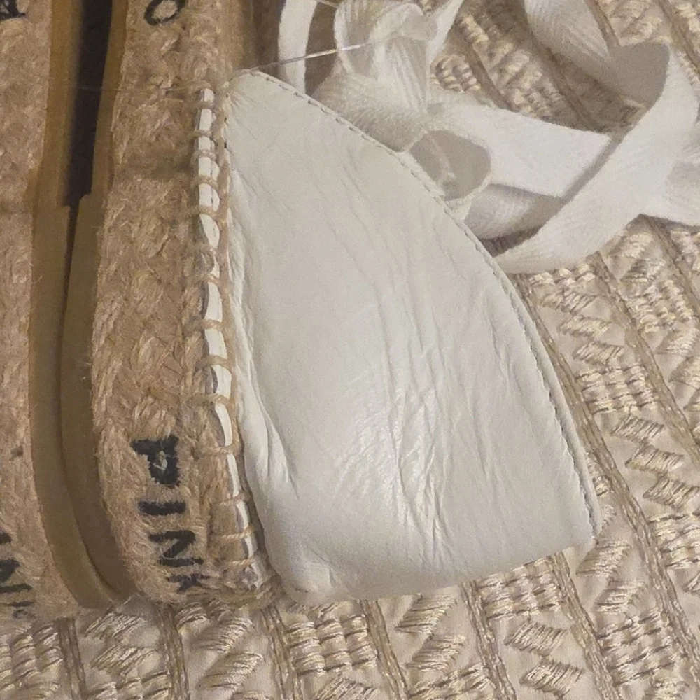Pinko White Lace Espadrille with Jute Logo Sole and Ankle Ribbon